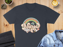 Load image into Gallery viewer, Dark t-shirt with colorful retro nurse graphic featuring rainbow and syringe.