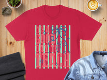 Load image into Gallery viewer, Red t-shirt with "It's a good day to teach" text and a teal striped background.