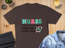 Load image into Gallery viewer, Brown t-shirt with "NURSE" text and stethoscope graphic.