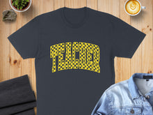 Load image into Gallery viewer, Dark grey t-shirt with yellow checkered "TEACHER" graphic.