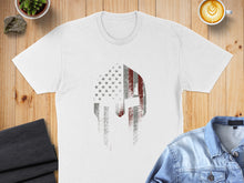 Load image into Gallery viewer, White t-shirt with distressed American flag Spartan helmet graphic.