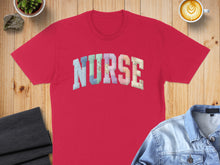 Load image into Gallery viewer, Red t-shirt with "Nurse" printed in colorful patchwork letters.