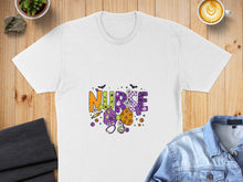 Load image into Gallery viewer, White t-shirt featuring "NURSE" in Halloween-themed font with pumpkins and bats.