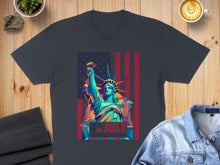 Load image into Gallery viewer, Statue of Liberty graphic with American flag and "4th of July Independence Day" text.