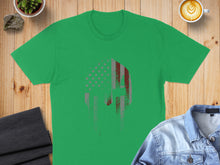 Load image into Gallery viewer, Green t-shirt with distressed American flag Spartan helmet graphic.