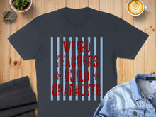 Load image into Gallery viewer, Dark t-shirt with red text "WEIRD TEACHERS BUILD CHARACTER" and blue stripes.