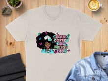 Load image into Gallery viewer, Nurse with afro, butterflies, and text "Scrubs coffee and messy buns".