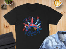 Load image into Gallery viewer, Black t-shirt with "Land of the Free" and "4th of July" text and Statue of Liberty graphic.