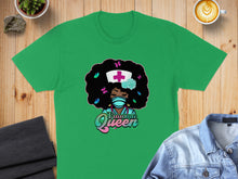 Load image into Gallery viewer, Green t-shirt with "Trauma Queen" design featuring a woman with an afro and butterflies.