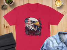 Load image into Gallery viewer, Red t-shirt with eagle head graphic and American flag elements.