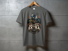 Load image into Gallery viewer, Amateur Extra shirt with radio operator, globe, and mountains graphic.