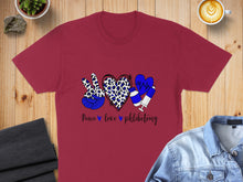 Load image into Gallery viewer, Burgundy t-shirt with "Peace, Love, Phlebotomy" graphic featuring peace sign, heart, and syringe.