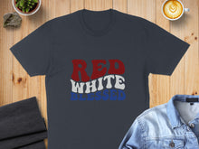 Load image into Gallery viewer, Dark grey t-shirt with "RED WHITE BLESSED" in white, blue, and red text.