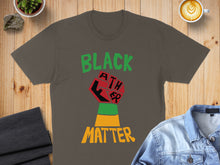 Load image into Gallery viewer, Black Father tee with raised fist and green and yellow stripes.