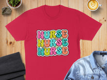 Load image into Gallery viewer, Red t-shirt with "NURSE" in colorful, retro bubble lettering.