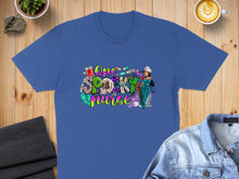 Load image into Gallery viewer, Blue t-shirt with "One Spooky Nurse" graphic featuring Halloween-themed medical items.