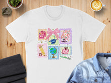 Load image into Gallery viewer, T-shirt with cartoon school supplies and a pink bow in postage stamp frames.