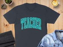 Load image into Gallery viewer, Dark gray t-shirt with "TEACHER" in a checkered blue font.