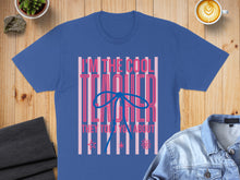 Load image into Gallery viewer, Blue t-shirt with "I'm the Cool Teacher They Told You About" text and pink stripes.