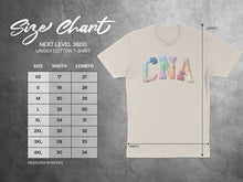 Load image into Gallery viewer, Next Level 3600 unisex t-shirt size chart showing width and length in inches.