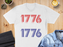 Load image into Gallery viewer, White t-shirt with red and blue "1776" text designs.