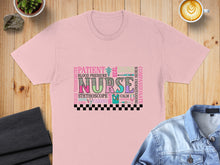 Load image into Gallery viewer, Pink t-shirt with "NURSE" and medical terms like stethoscope, patient, heal, and compassionate.