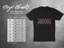 Load image into Gallery viewer, Next Level 3600 unisex t-shirt size chart with width and length measurements.