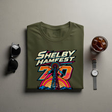 Load image into Gallery viewer, Olive green t-shirt with "Shelby Hamfest 70" graphic and radio tower.