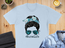 Load image into Gallery viewer, T-shirt featuring a messy bun hairstyle and nurse-themed sunglasses.