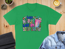 Load image into Gallery viewer, Green t-shirt with "half nurse half iced coffee" design and coffee cup.