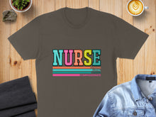 Load image into Gallery viewer, Dark grey t-shirt with "NURSE STRONG LOYAL CARING COMPASSIONATE" text.