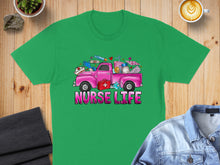 Load image into Gallery viewer, Green t-shirt with pink truck graphic and "Nurse Life" text.
