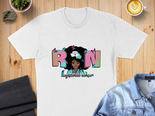 Load image into Gallery viewer, White t-shirt with "RN Registered nurse" graphic and a woman's silhouette.