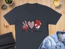 Load image into Gallery viewer, Dark grey t-shirt with peace, heart, and syringe icons and "Peace Love Phlebotomy" text.