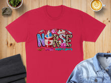 Load image into Gallery viewer, Red t-shirt with "Nurse" in colorful letters, coffee, scrubs, and stethoscope graphic.