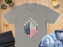 Load image into Gallery viewer, Grey t-shirt with American flag and fighter jets design.