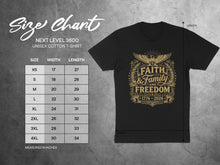 Load image into Gallery viewer, Next Level 3600 unisex t-shirt size chart with Faith & Freedom graphic.