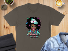 Load image into Gallery viewer, Brown t-shirt with graphic of a Black nurse with butterflies in her hair and text "Blessed Nurse."