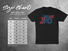 Load image into Gallery viewer, Next Level 3600 unisex t-shirt size chart with measurements for width and length.