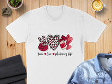 Load image into Gallery viewer, White t-shirt with "Peace Love Pharmacy Life" design featuring leopard print, hearts, and pills.