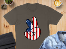 Load image into Gallery viewer, Brown t-shirt with a peace sign featuring the American flag design.