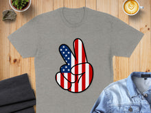 Load image into Gallery viewer, Gray t-shirt with a peace sign featuring the American flag.