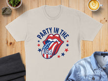 Load image into Gallery viewer, T-shirt with red, white, and blue lips and "Party in the USA" text.