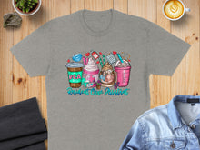 Load image into Gallery viewer, Grey t-shirt with colorful graphic of coffee cups, stethoscope, and heart.