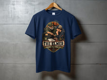 Load image into Gallery viewer, Navy t-shirt with "The Elmer Passing The Signal On" graphic of two men with a ham radio.