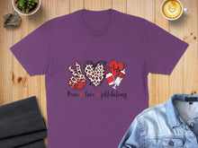 Load image into Gallery viewer, Purple t-shirt with peace, heart, and syringe graphic and text.