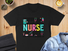 Load image into Gallery viewer, Black t-shirt with "NURSE" and related words in colorful block letters.