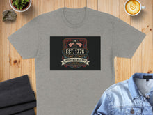 Load image into Gallery viewer, Grey t-shirt featuring "EST. 1776 INDEPENDENCE DAY" with US flags.