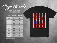 Load image into Gallery viewer, Next Level 3600 unisex t-shirt size chart with measurements in inches.