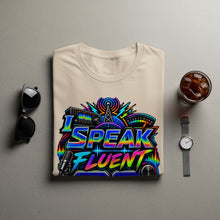 Load image into Gallery viewer, Cream t-shirt with "I SPEAK FLUENT" text and radio equipment graphics.